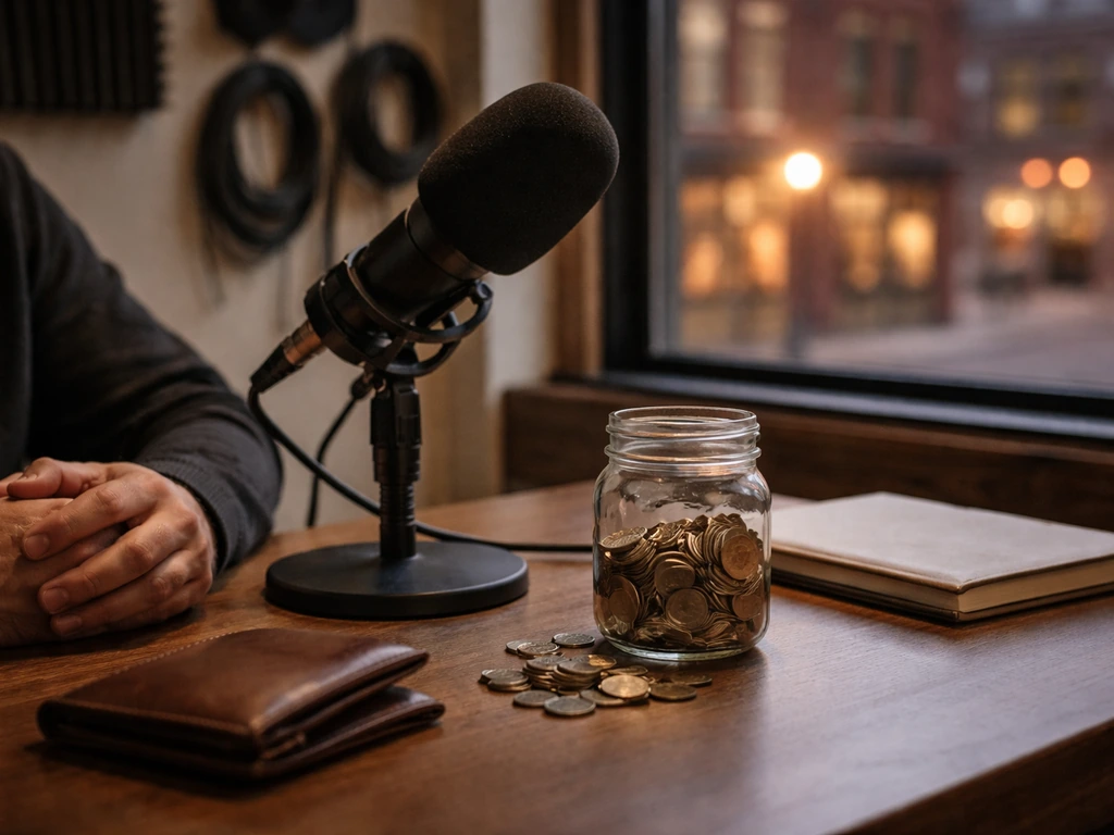Podcast studio desk with a microphone, coins jar, and blurred city window suggesting modest net worth vs claims.