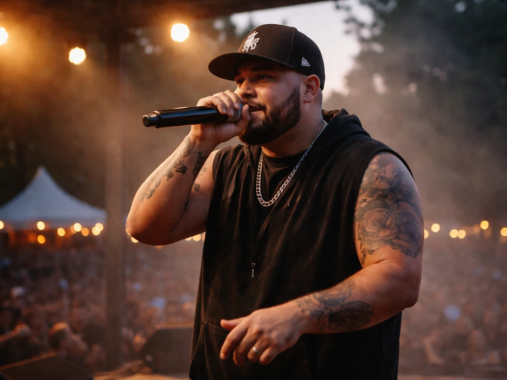 Performer with microphone on an outdoor concert stage under warm lights, blurred audience in the background.