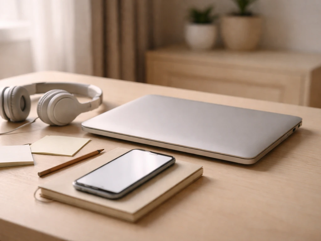 Minimal desk scene with laptop and smartphone showing media/account verification cues for updating an estimate