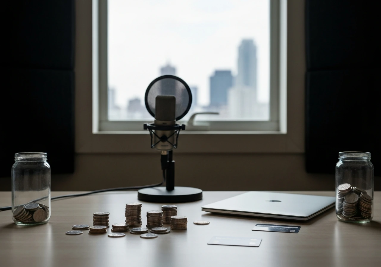 Minimal home studio desk with microphone and two coin-filled jars suggesting a low-to-high net worth range.