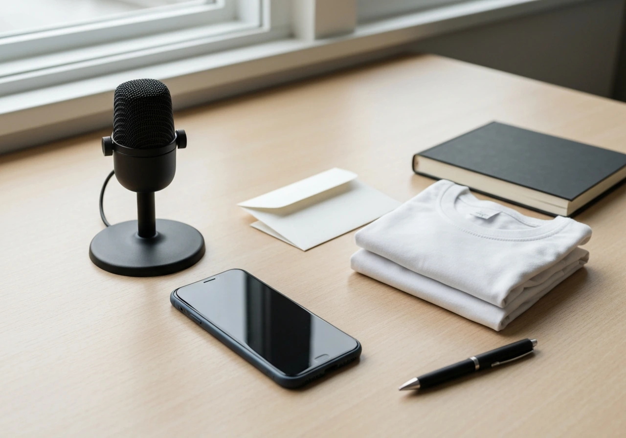 Minimal creator workspace with microphone, phone, folded shirts, and envelope symbolizing multiple income streams