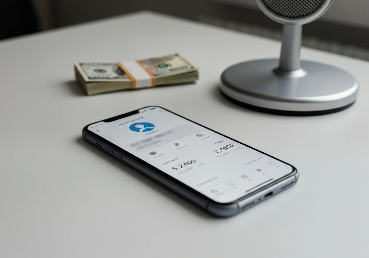 Minimal photo of a smartphone showing blurred social media metrics and a small stack of cash nearby