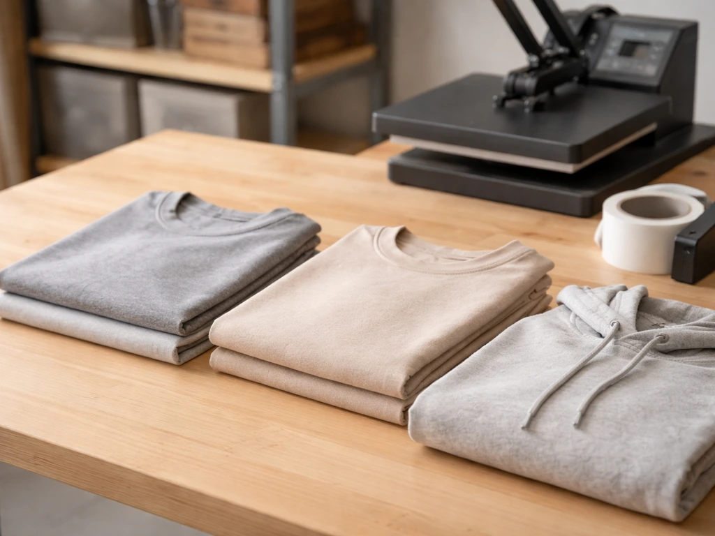 Neatly folded t-shirts and a hoodie on a wooden shipping/fulfillment workbench with tape nearby.