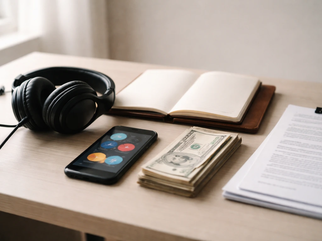 Minimal desk scene with headphones, a phone with abstract analytics, cash, and blank ledger/contract papers.