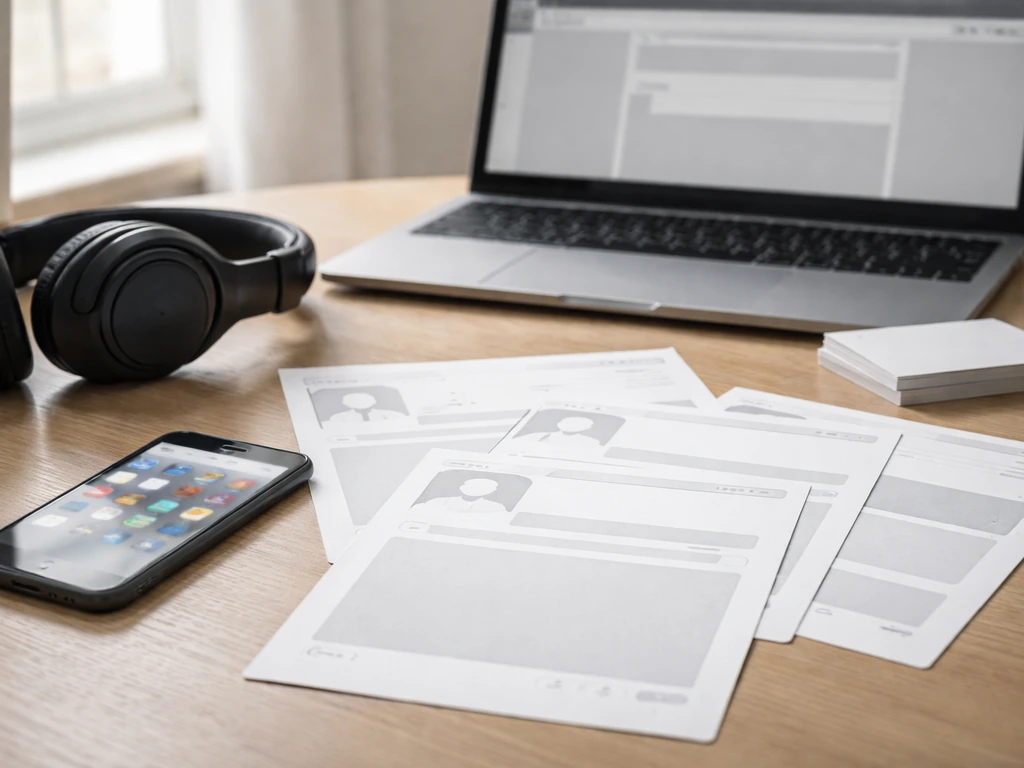 Minimal desk collage with a smartphone, studio headphones, blank profile-style screenshots, and a laptop, symbolizing id