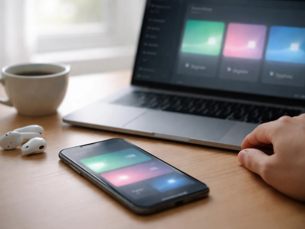 Close-up of a smartphone and laptop on a desk showing blurred streaming analytics tiles.