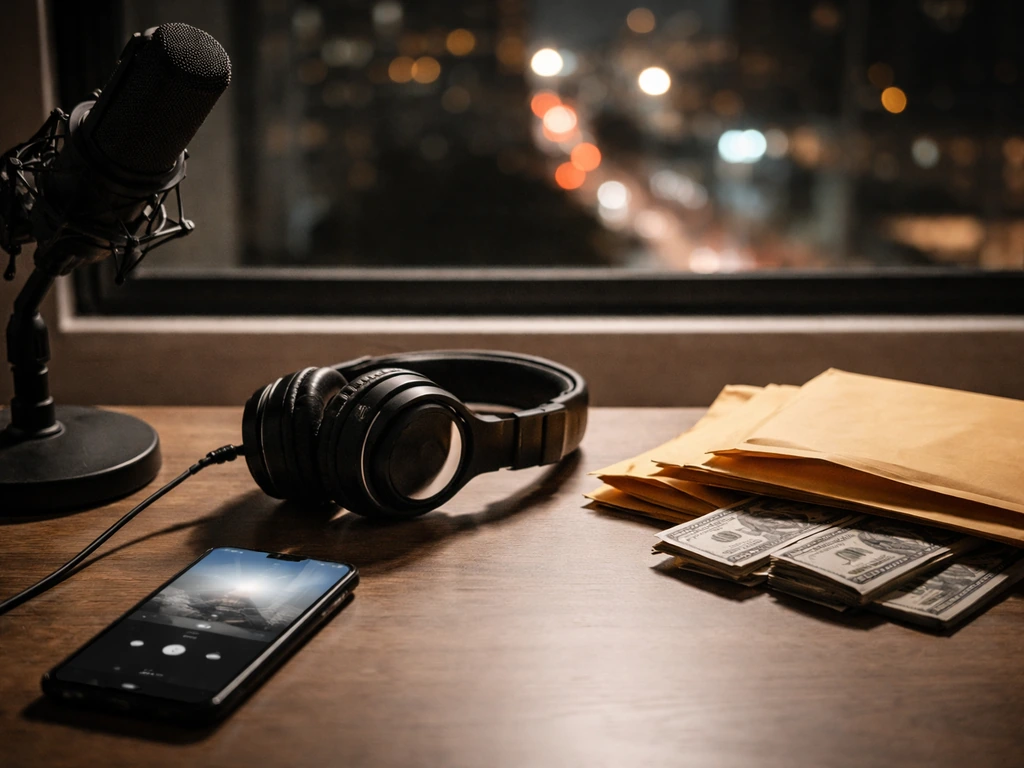 Minimal music desk scene with microphone, phone, cash and shipping mailers symbolizing hip hop income streams