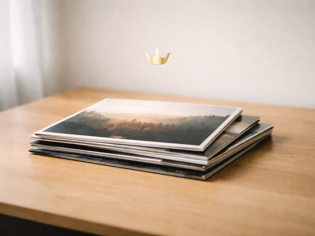 Album covers and royalty-themed symbol over a music catalog laid out on a clean desk.