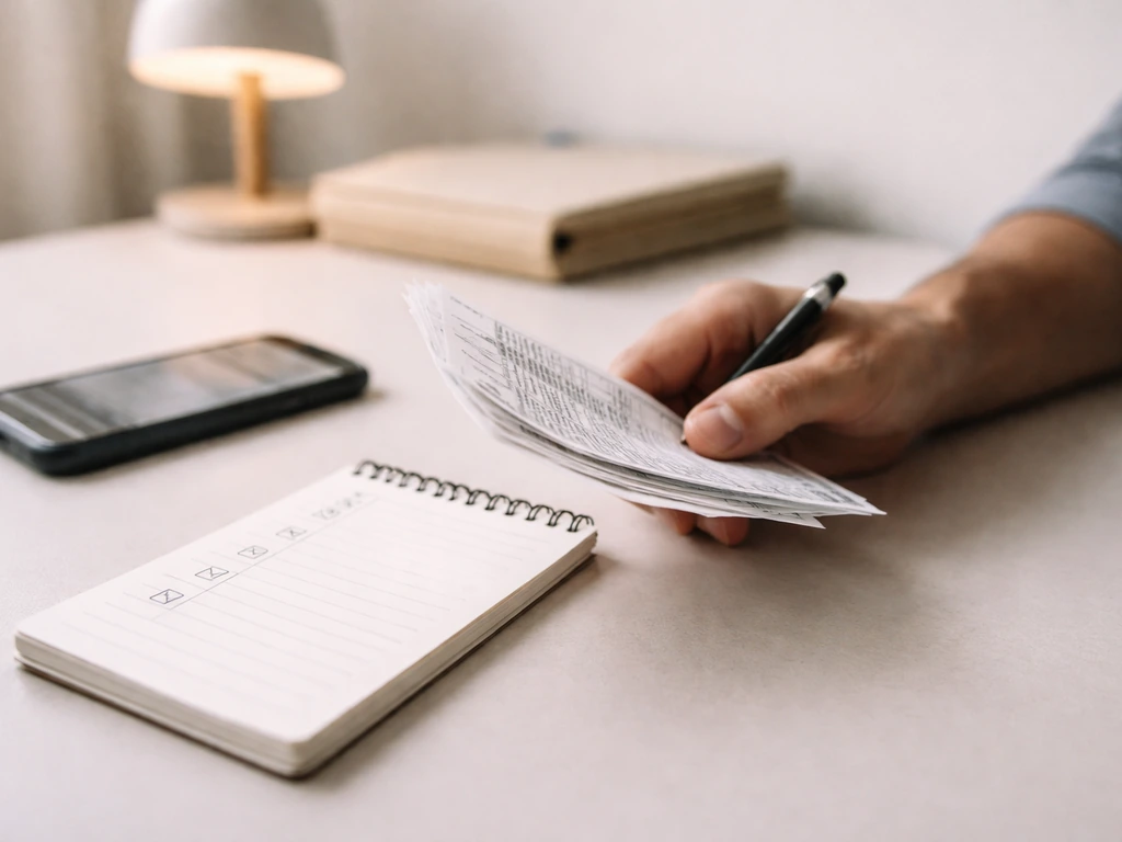 Person’s hands comparing printed receipts and a phone with a checklist to verify online claims