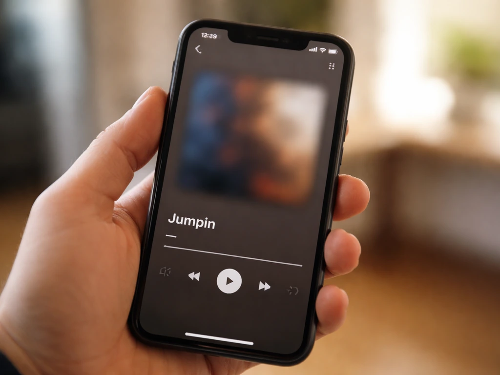 Hand holding a phone showing a music streaming page with the track name Jumpin, anonymous interface