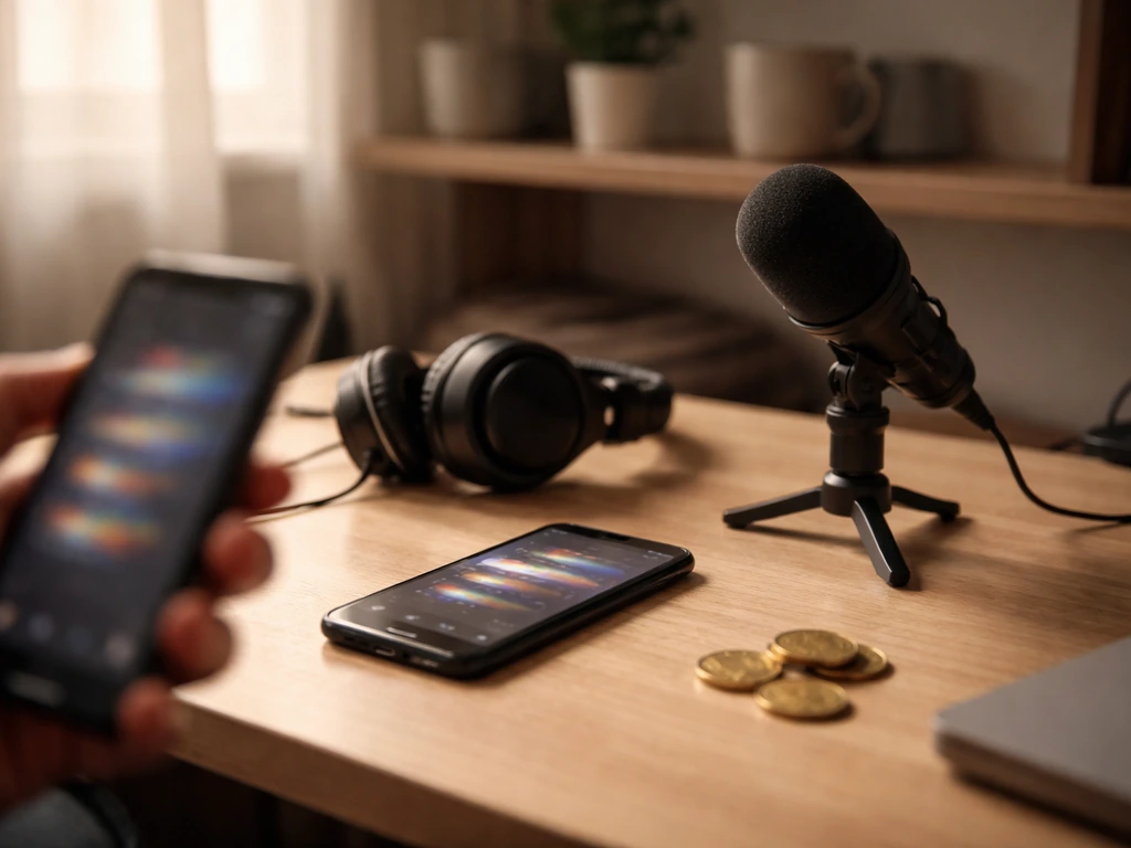 Minimal home studio desk with smartphone and microphone, symbolizing social media monetization.