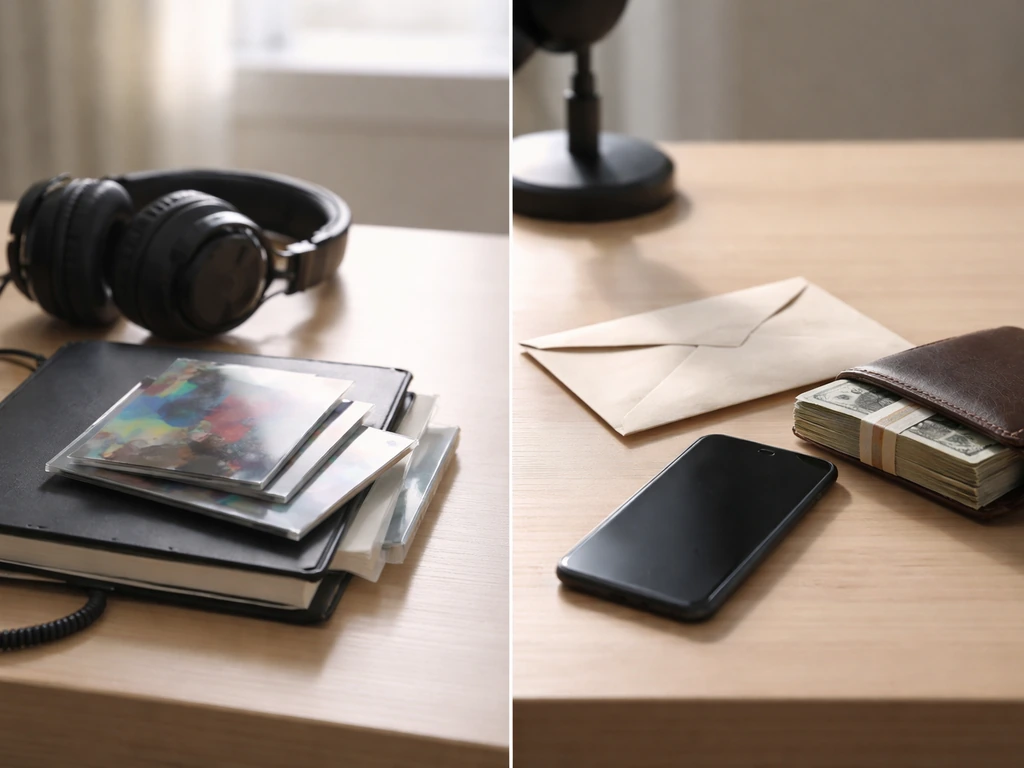 Minimal desk scene with studio headphones, discs, and money—symbolizing counted media signals vs excluded items.