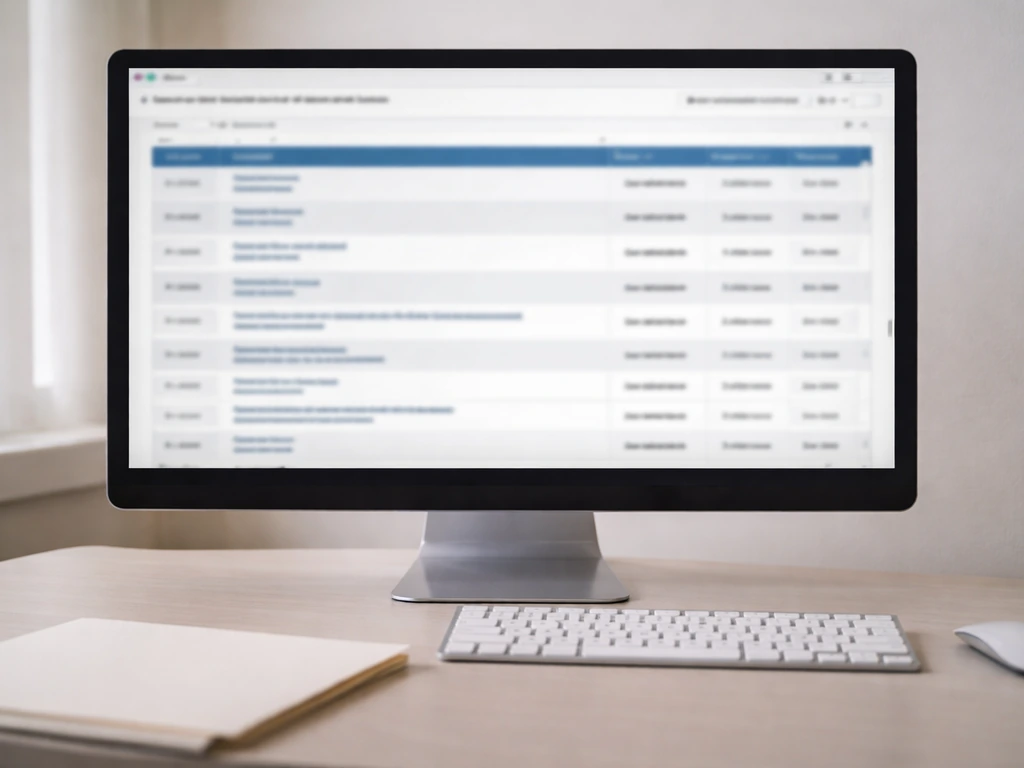 Computer monitor showing a blurred USPTO trademark record page on a minimal desk setup.