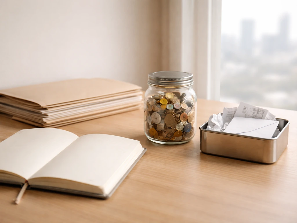 Minimal desk scene with two symbolic containers of value and costs beside blank paperwork.