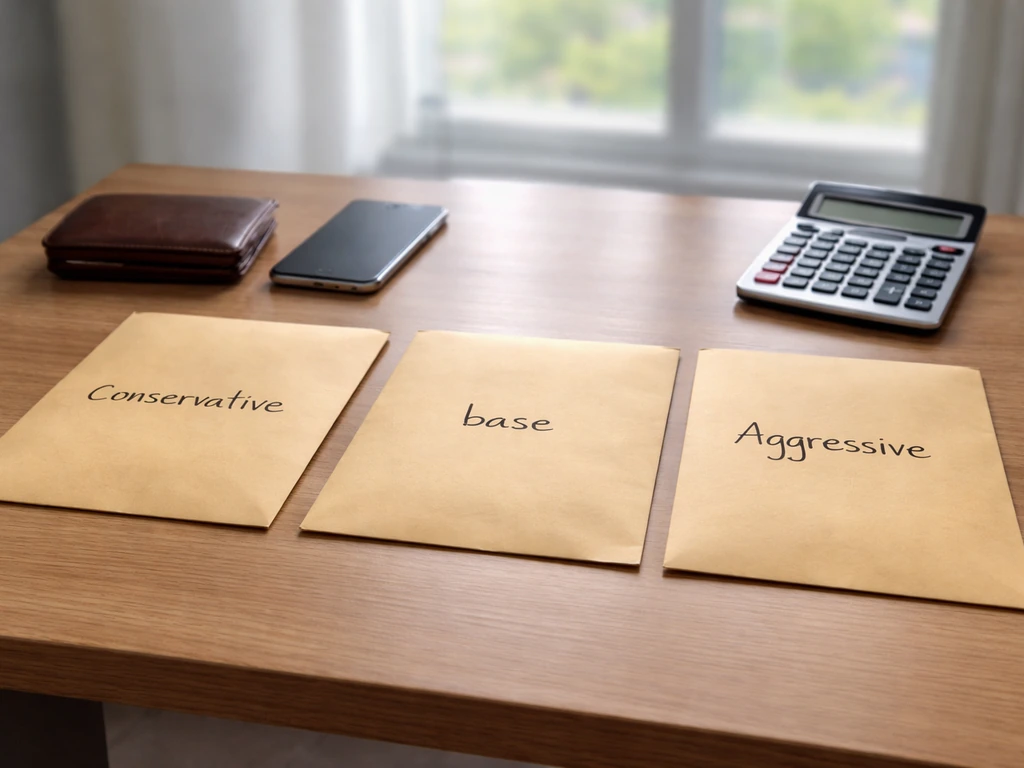 Minimal desk scene with three envelopes marked conservative, base, aggressive representing net worth scenarios