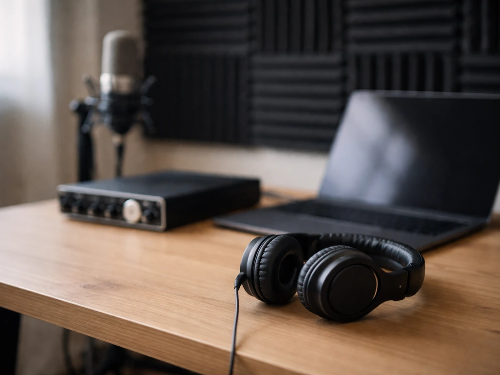 Minimal music studio desk with headphones and a beatmaking setup suggesting identity and media context