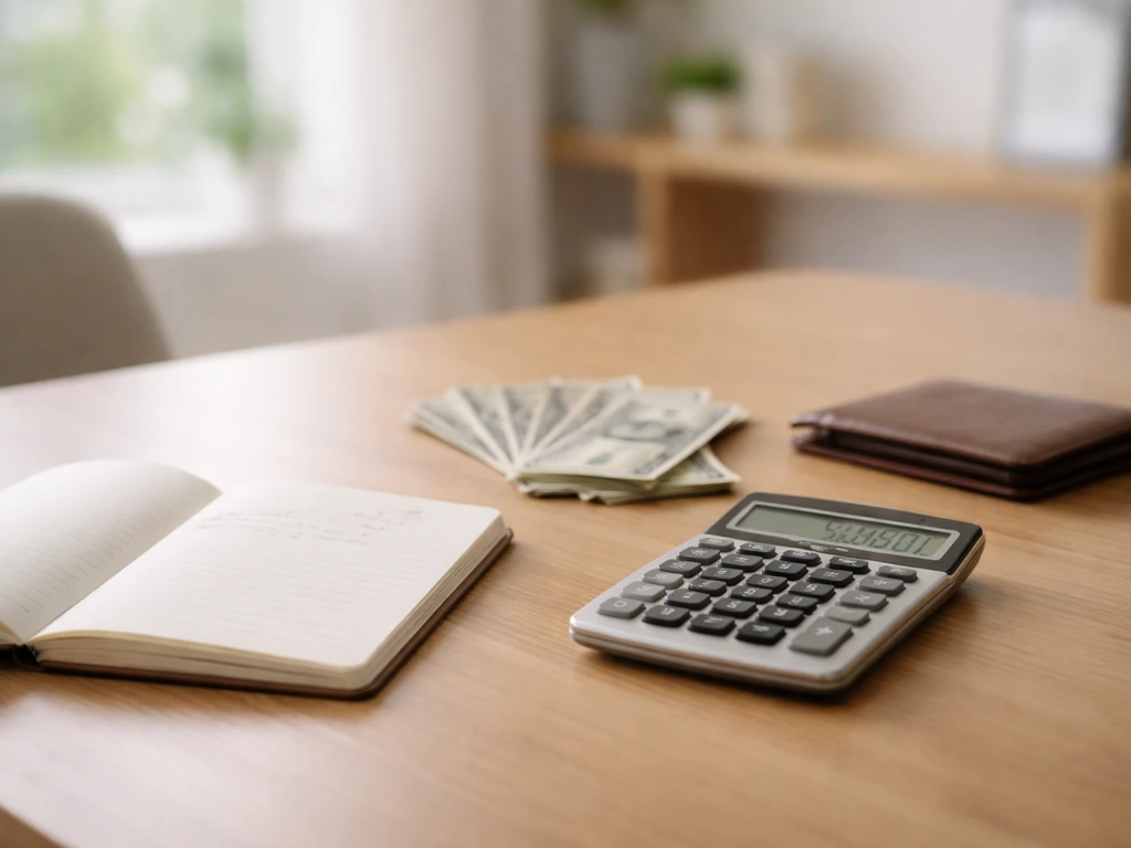 Minimal office scene with a desk calculator and scattered cash, symbolizing a defensible net-worth range.