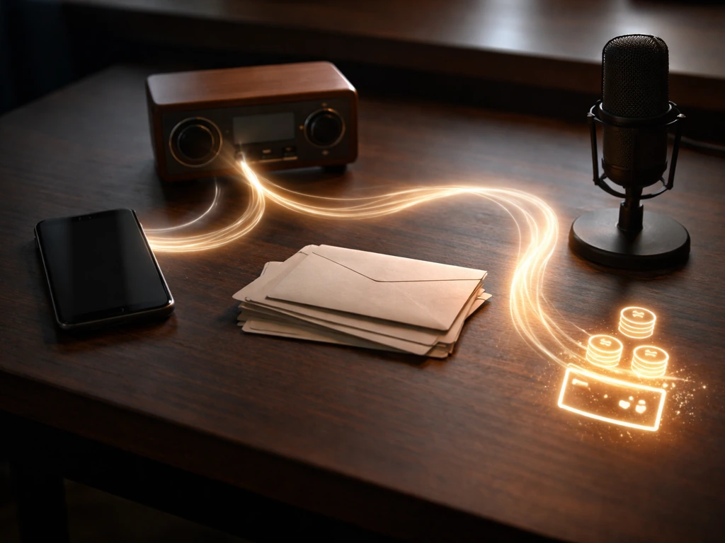 Minimal desk scene showing audio playback and performance leading to royalty envelopes and glowing payout.