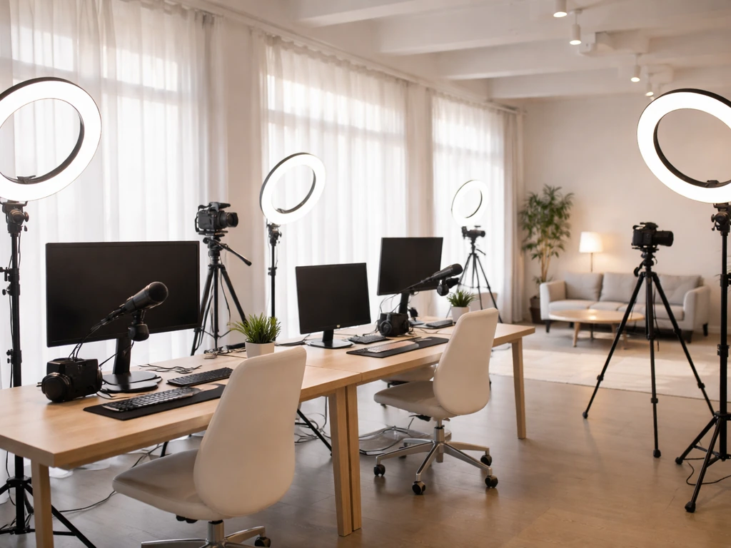 Minimal cinematic studio setup with ring lights and desks, evoking a creator content house environment.