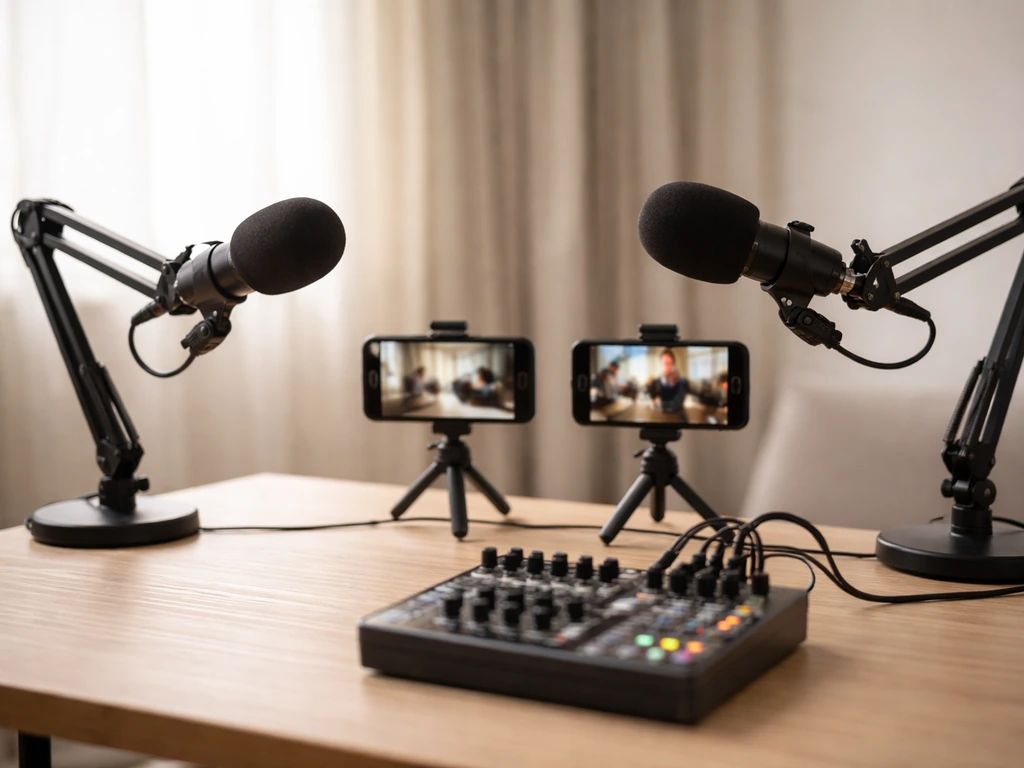 Minimal photo of a shared content studio desk setup with multiple microphones and streaming devices, suggesting a collec