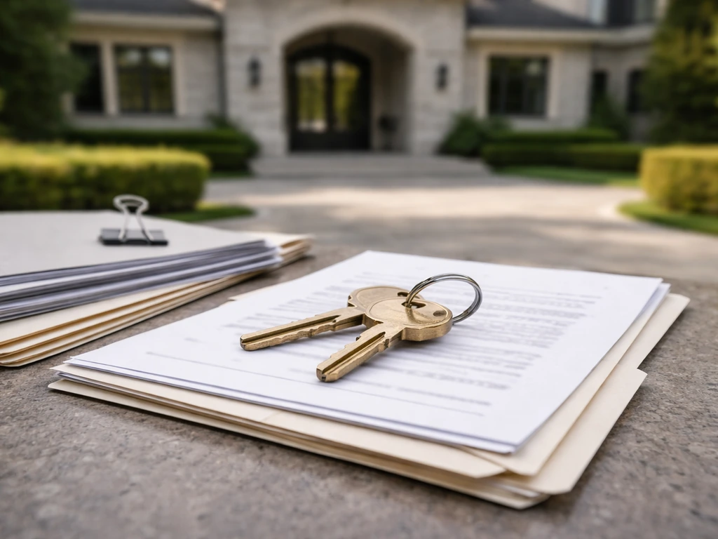 Close-up of house keys and lease papers on a Bel Air-style driveway with a subtle corporate ledger motif