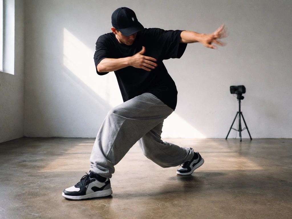 Anonymous popping dancer captured mid-move in a minimal studio, energetic, with media-style filming gear blurred behind.