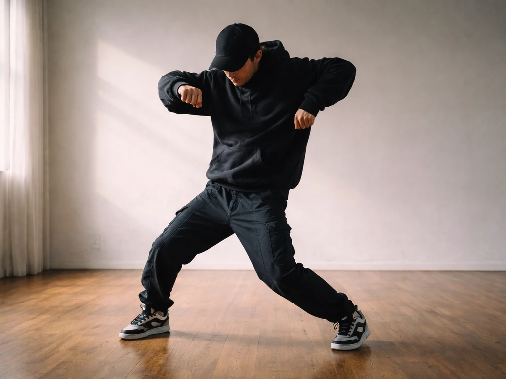 Anonymous dancer mid-popping move in a simple studio under natural light.