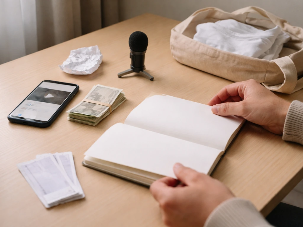 Anonymous hands at a desk with a phone, notebook, microphone, cash, and tickets suggesting income estimation logic.