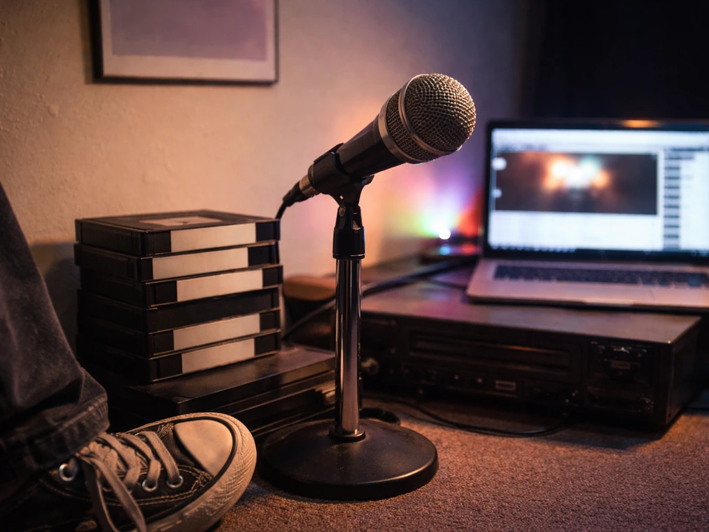 VHS-era media studio scene with a glowing microphone and scattered music gear hinting at a 2011–2014 viral peak