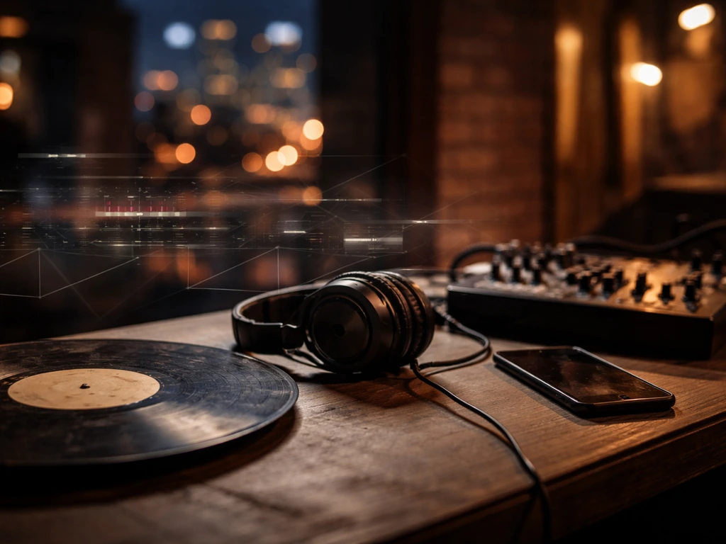 Music studio desk with vinyl and headphones, with subtle abstract light streaks suggesting label valuation.
