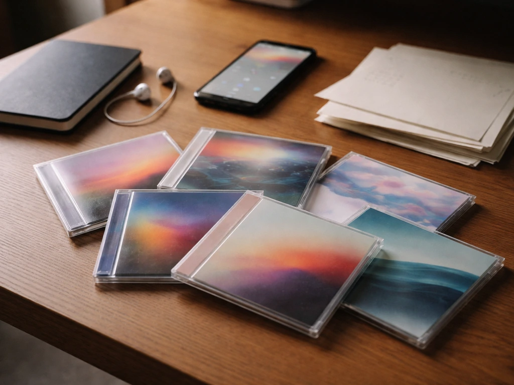 Minimal desk scene with music album covers and a glowing smartphone showing abstract streaming bubbles