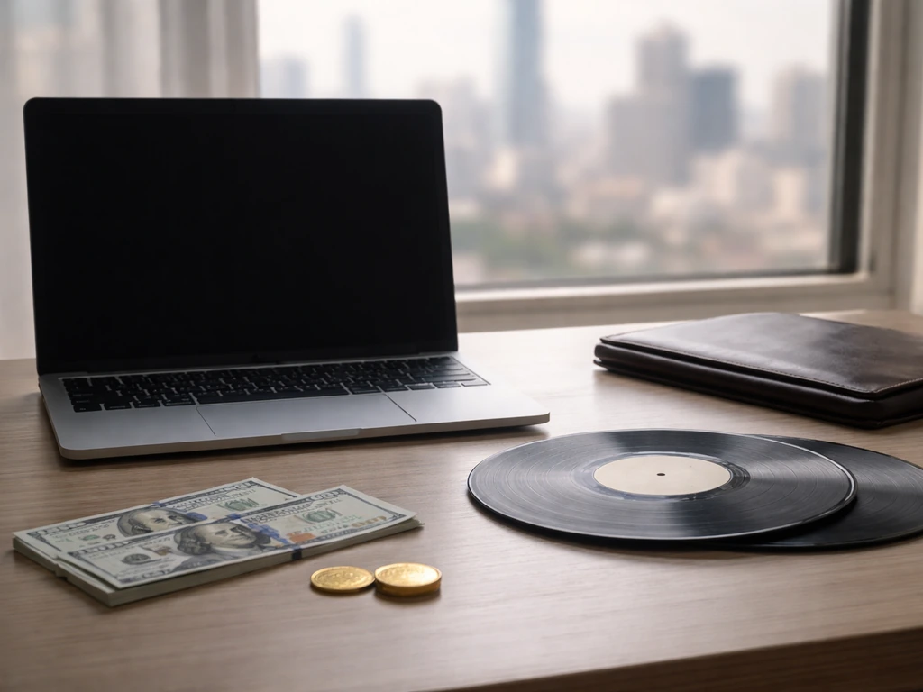 Minimal desk scene with music-industry records and scattered cash-like props symbolizing conflicting label wealth estima