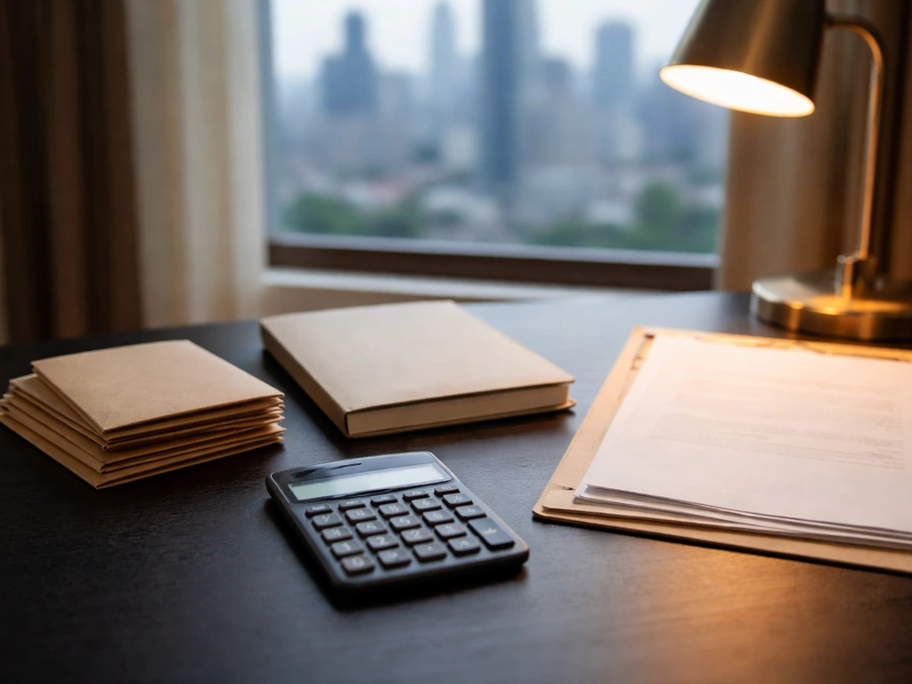Minimal desk scene with blank documents, calculator, and cash envelopes suggesting net worth estimation.