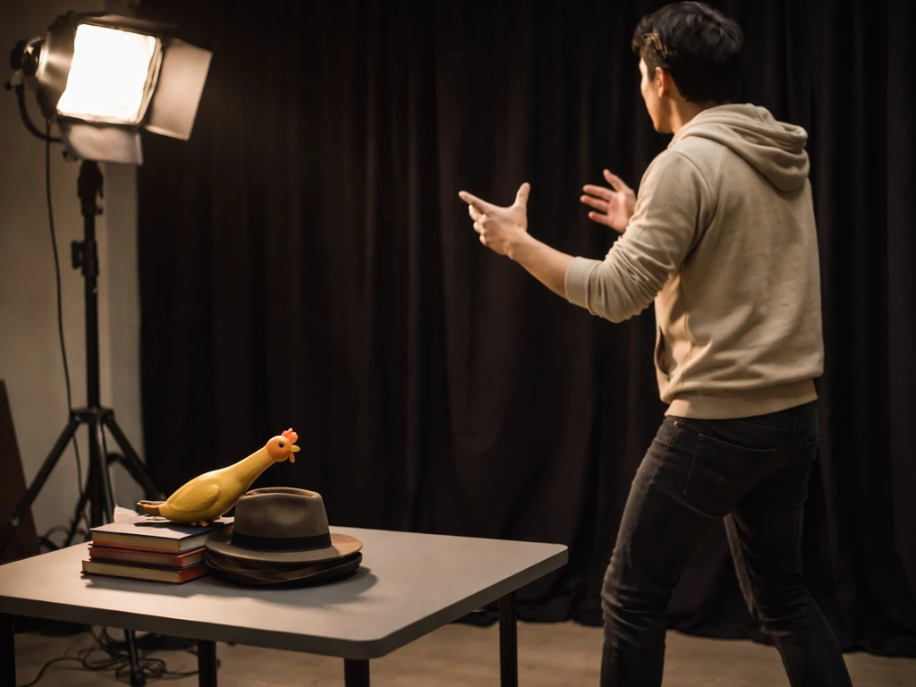 Anonymous performer in a simple studio setup with a movie light and props, representing digital comedy production