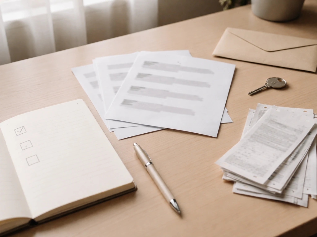 Desk scene with redacted documents, receipts, and blank checklist boxes for asset and spending verification.
