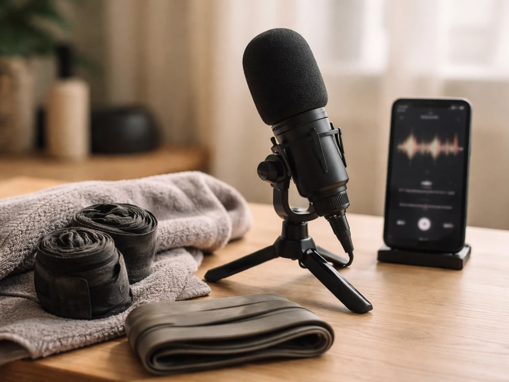 Anonymous fitness creator podcast setup with microphone, smartphone, and training gear on a simple desk.