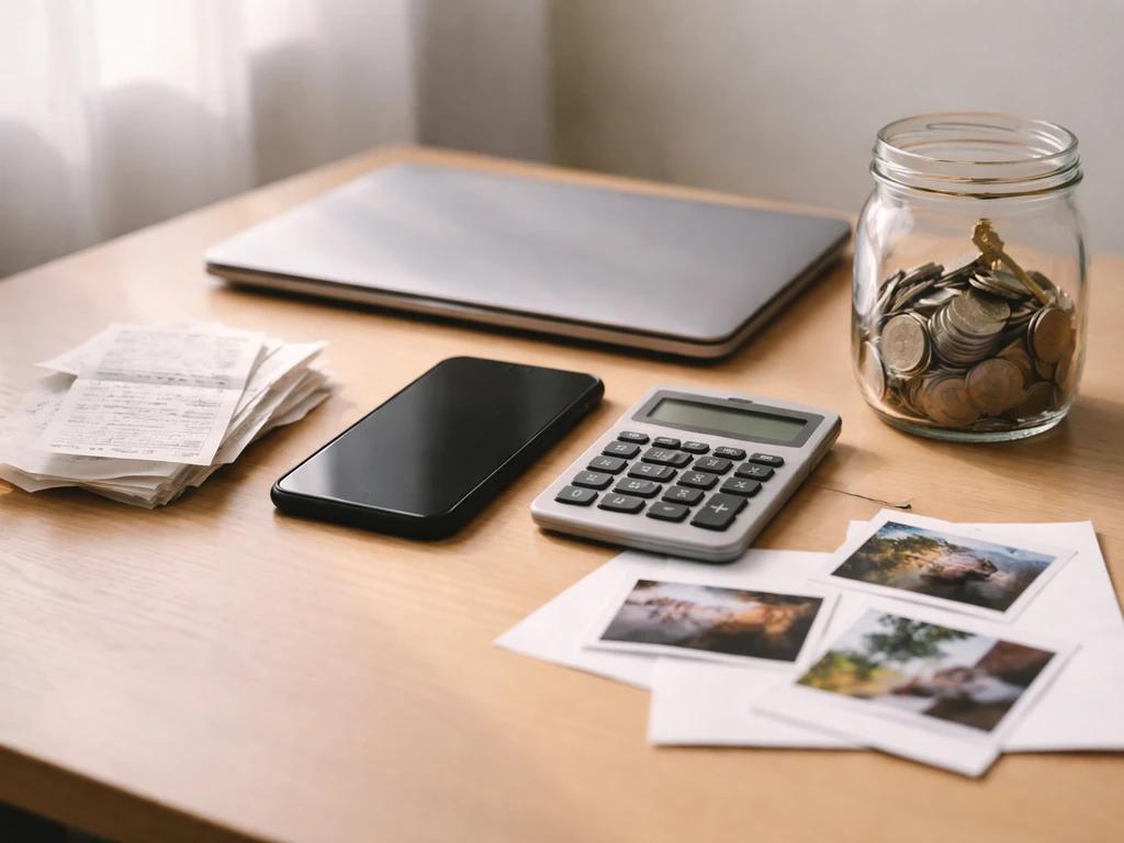 Minimal desk scene with anonymous financial media notes and receipts symbolizing net worth estimate inputs.