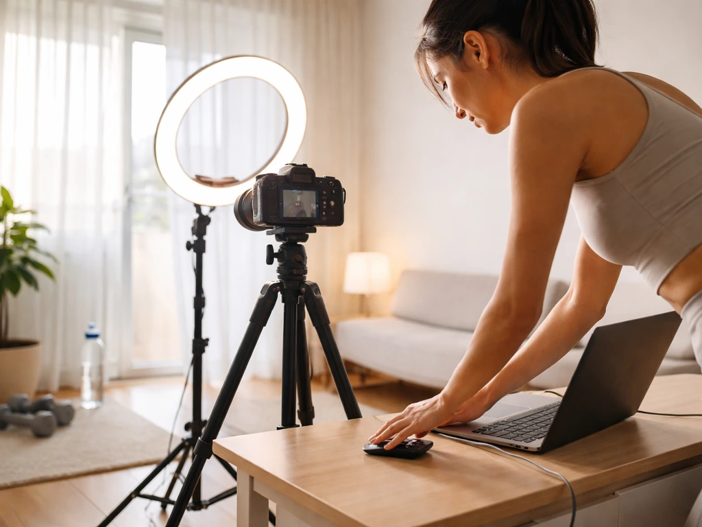 Person filming a fitness creator-style video at a home studio with camera gear and lifestyle props.