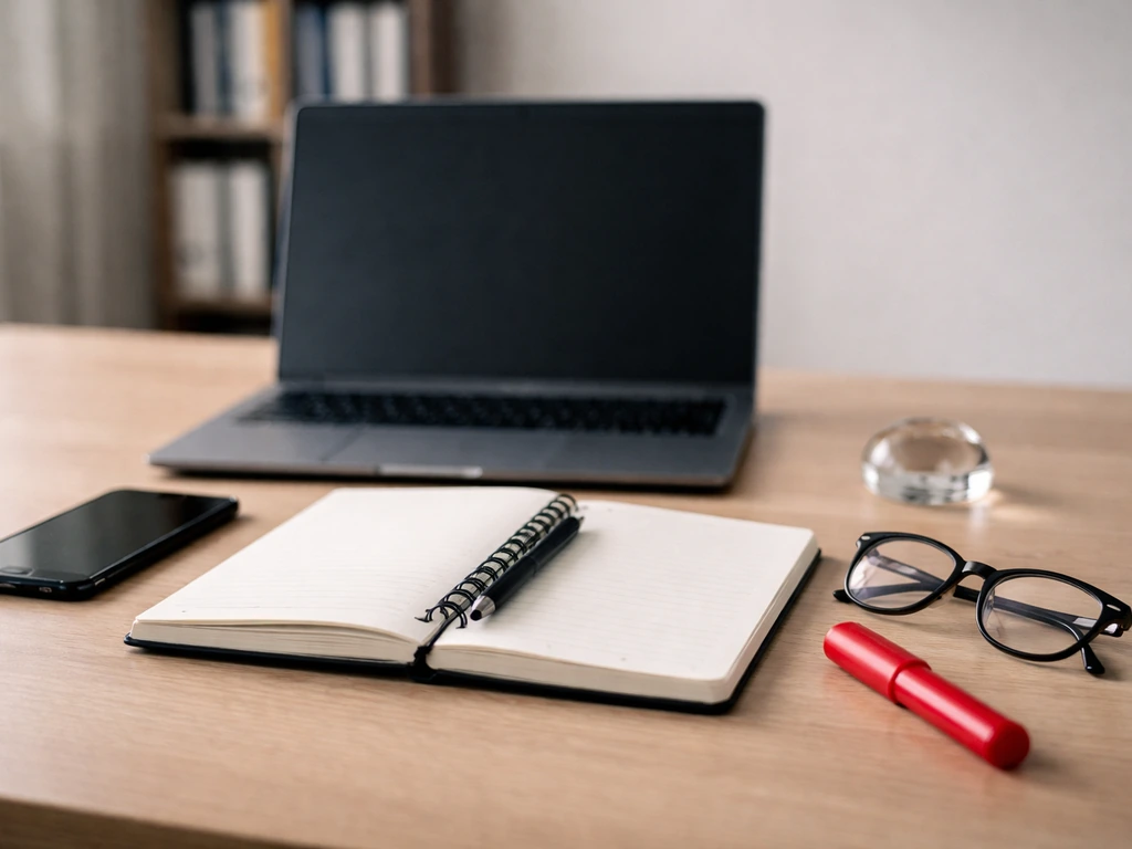 Minimal office desk with laptop, blank notebook, phone, and red highlighter suggesting verification red flags.