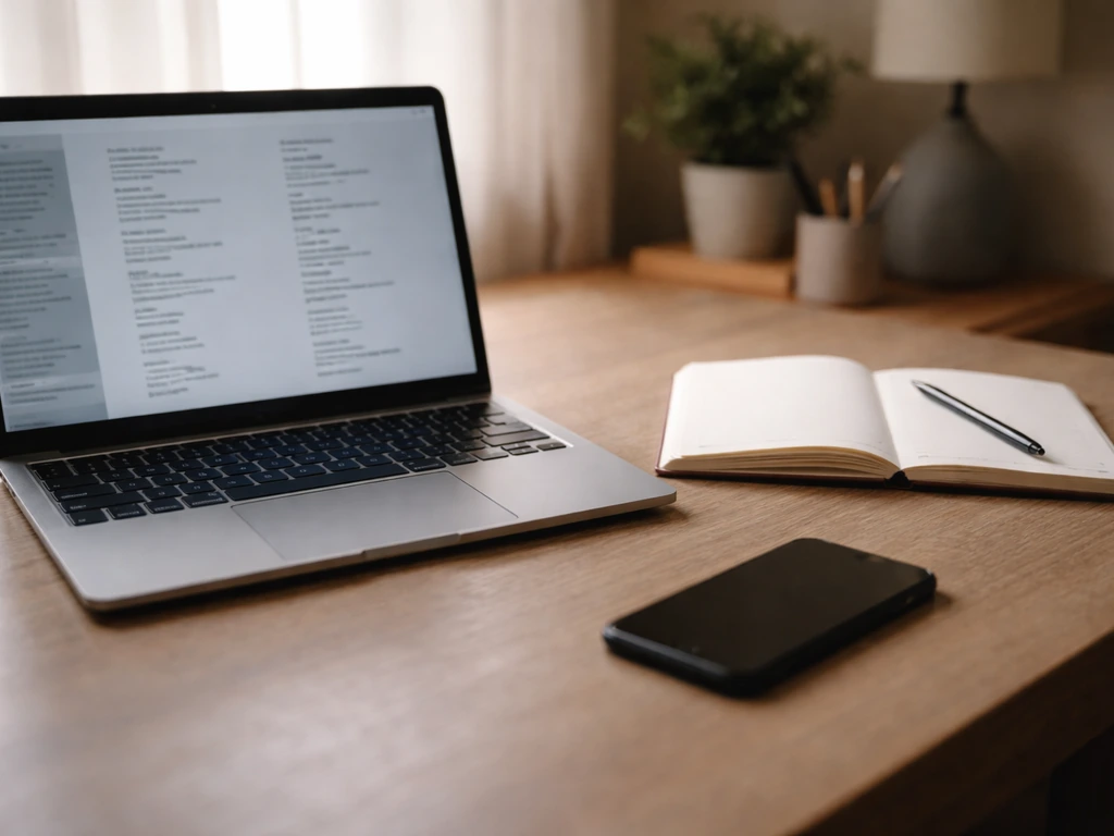 Minimal close-up of a laptop and notebook beside a smartphone, suggesting verifying music credits and identities