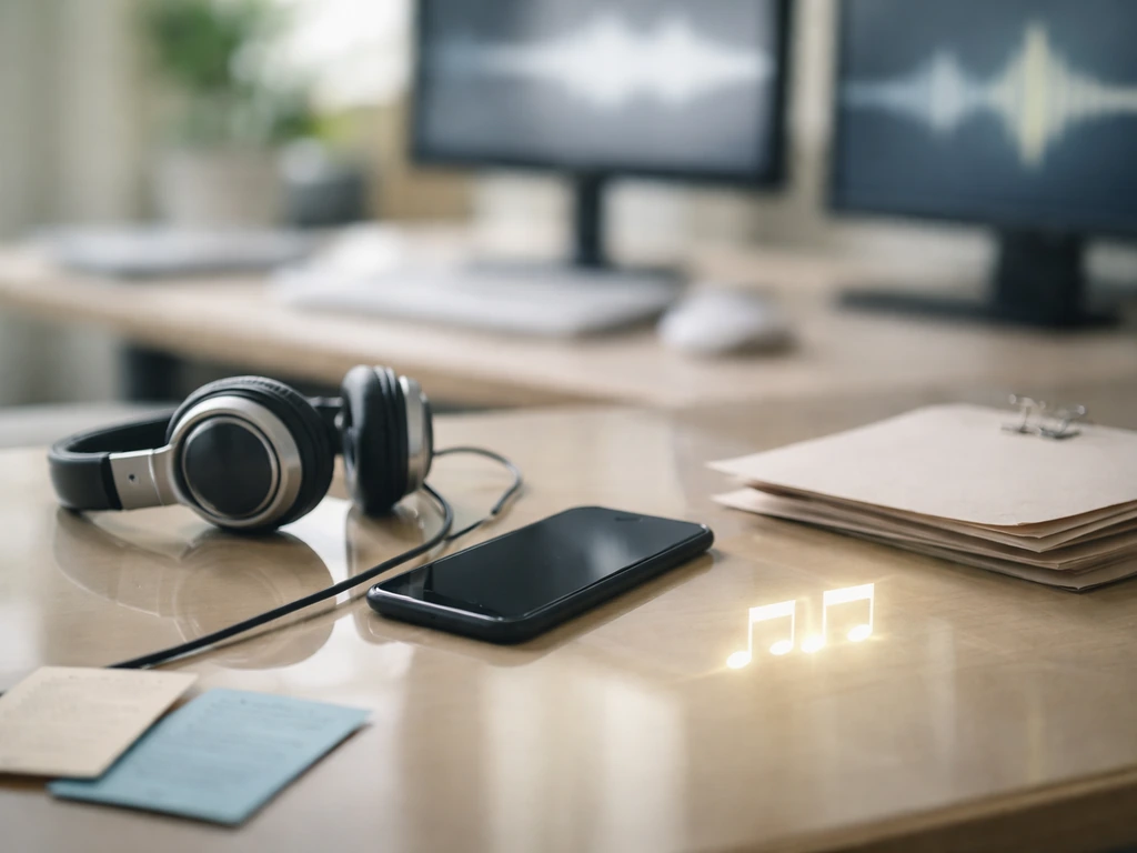 Minimal media office desk with phone, headphones, and abstract monitor glow suggesting cross-checking finances