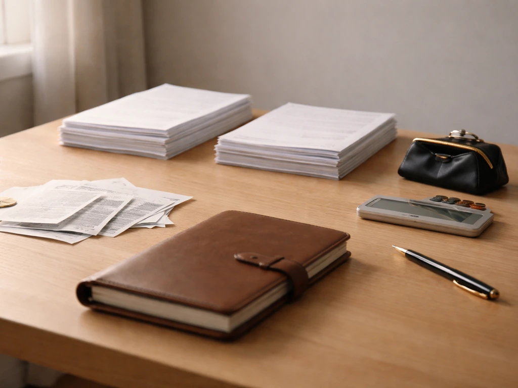 Minimal desk scene with scattered cash receipts and a closed ledger representing earnings vs net worth