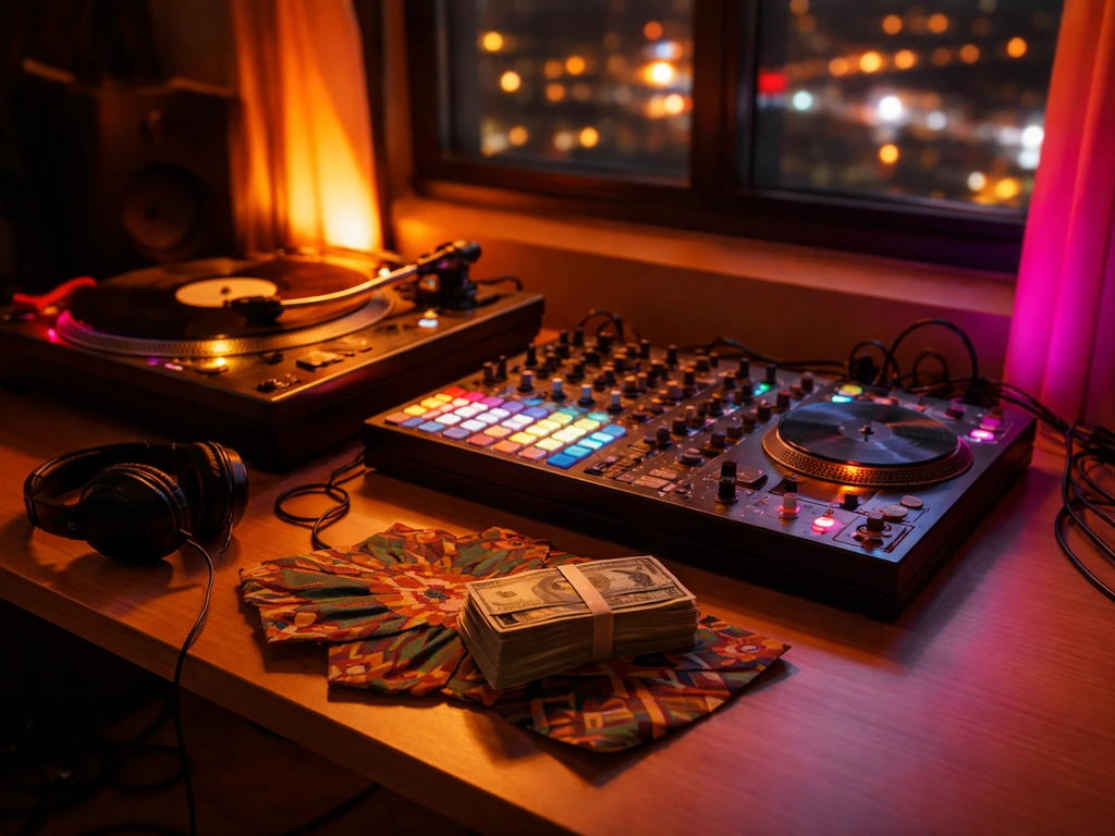 South African amapiano music studio scene with glowing gear and cash-like props symbolizing artist net worth