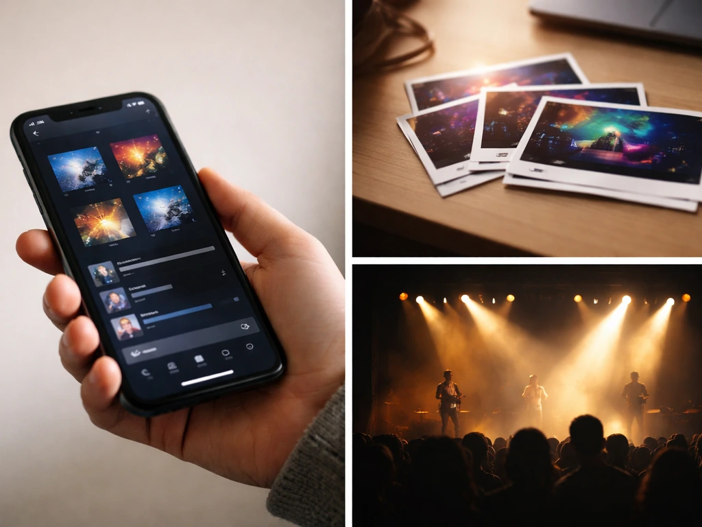 Split collage: smartphone music app, major video platform thumbnails, and a live stage with lights and crowd silhouette.