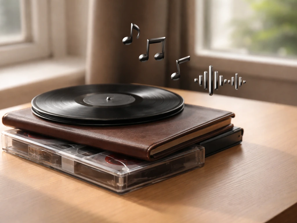 Minimal tabletop still life of a vinyl record, tape cassette, and portfolio folder symbolizing music catalog assets.