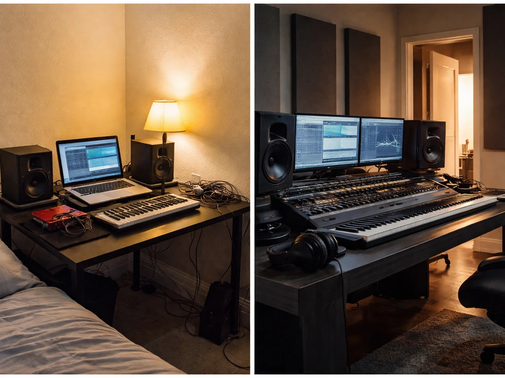 Side-by-side early bedroom studio and larger mainstream studio setup suggesting a music-driven wealth trajectory.