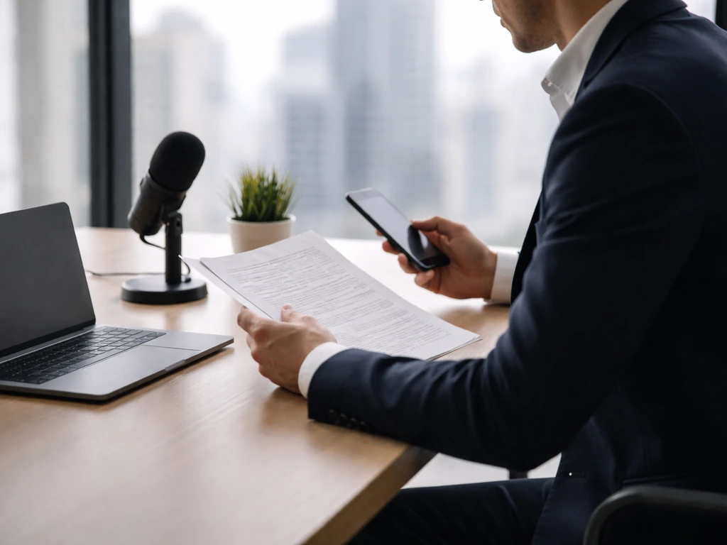 Anonymous business professional at a desk with documents, microphone, and city-window background.