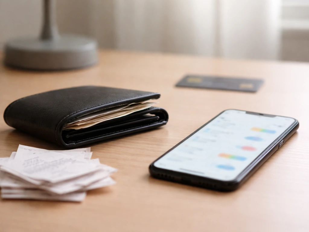 Minimal photo of a desk with a smartphone showing blurred numbers, cash and receipts for income streams
