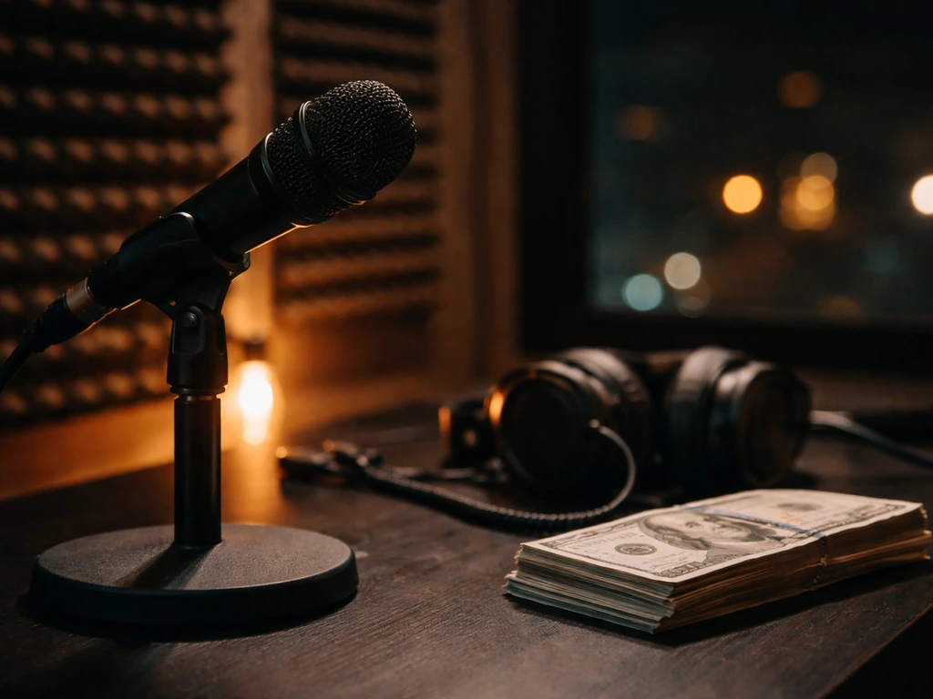 Minimal photo of a microphone on a desk beside cash-styled props, evoking Birmingham hip-hop earnings analysis