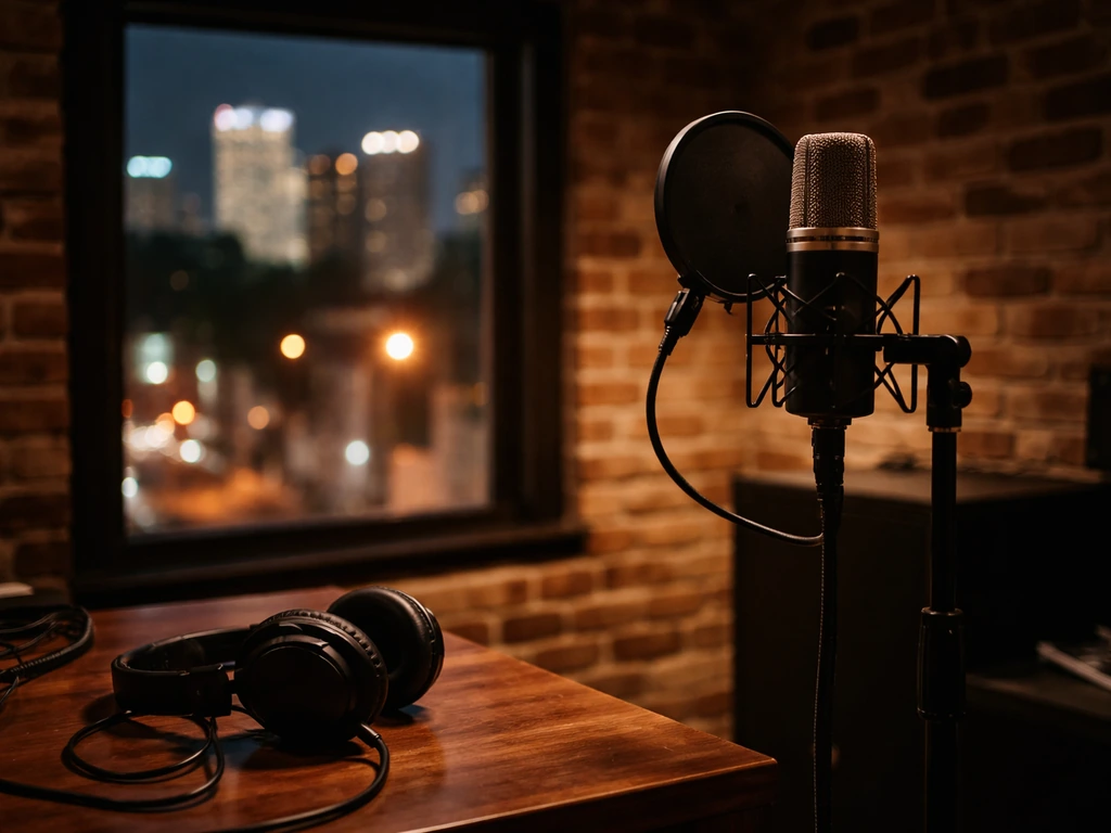 Close-up of a recording studio microphone and headphones with Birmingham city night light through a window.